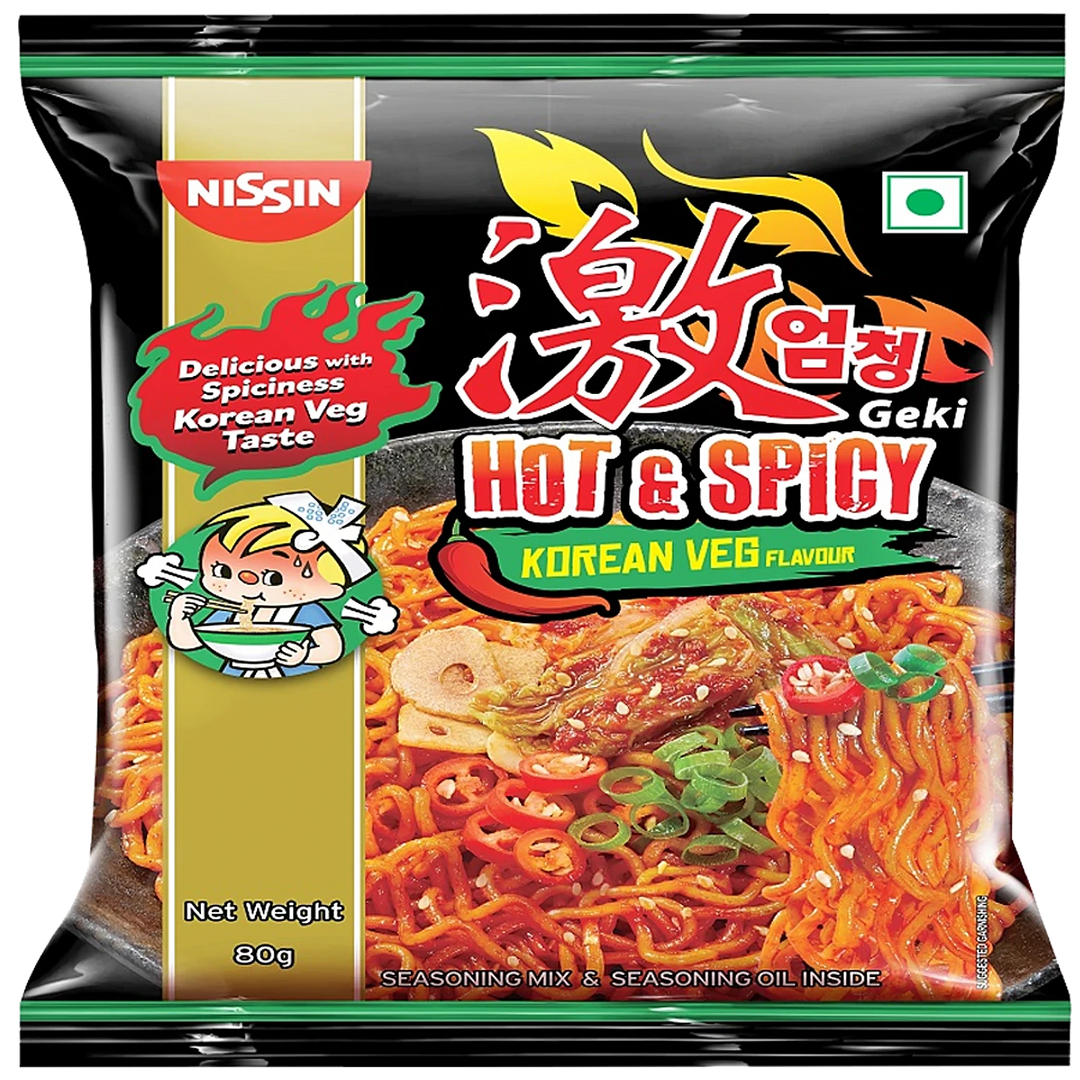 NISSIN HOT & SPICY KOREAN VEG NOODLES 80 GM.